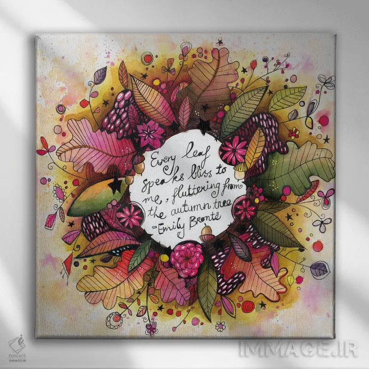 تابلو دکوراتیو حلقه گل پاییزی جدید با نقل قول اثر تامارا لاپورت - نمای روبهرو روی دیوار