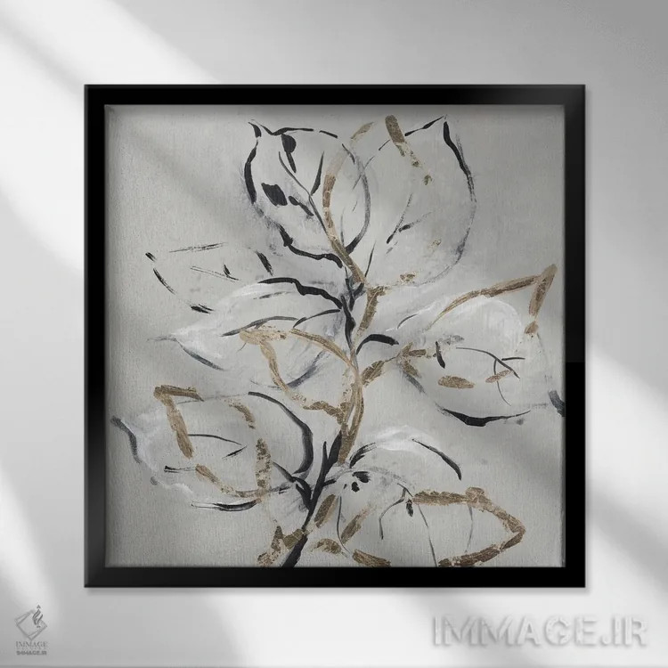 تابلو مینیمال گل طلایی ۲ اثر لرا - نمای قابدار مشکی