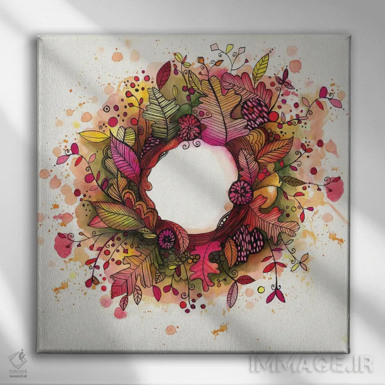 تابلو دکوراتیو حلقه گل پاییزی اثر تامارا لاپورت - نمای روبهرو روی دیوار