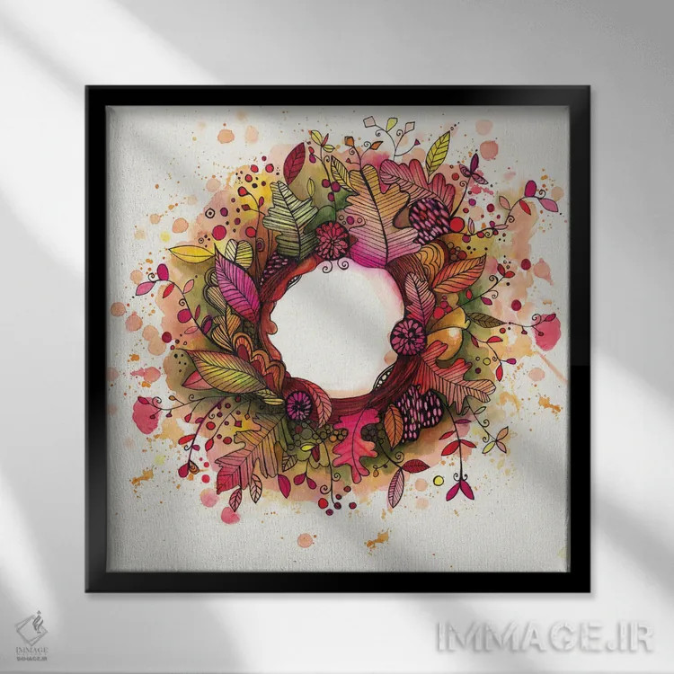 تابلو دکوراتیو حلقه گل پاییزی اثر تامارا لاپورت - نمای قابدار مشکی
