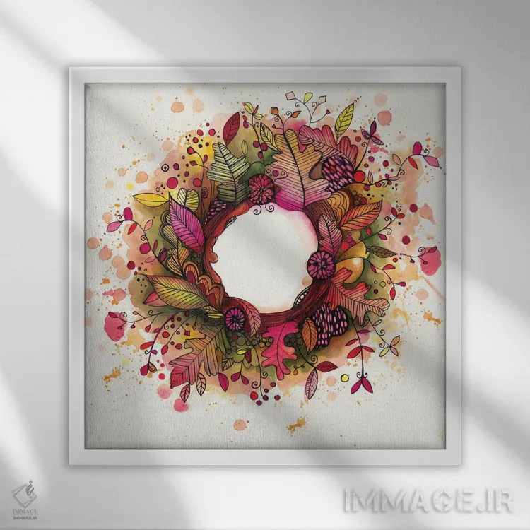 تابلو دکوراتیو حلقه گل پاییزی اثر تامارا لاپورت - نمای قابدار سفید