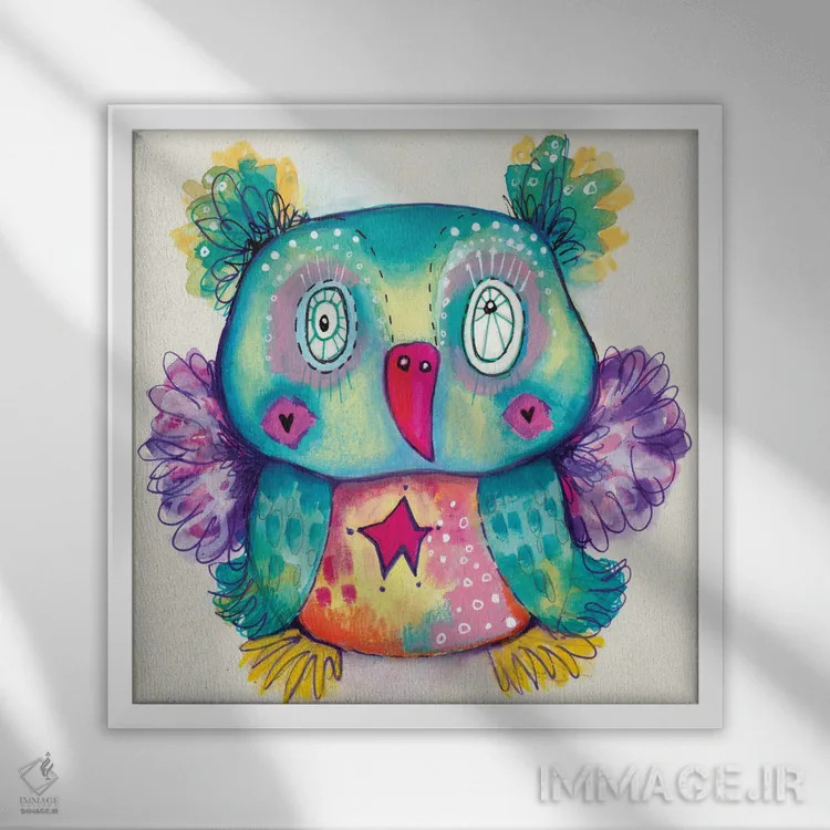 تابلو دکوراتیو خرس عروسکی با پرنده عجیب اثر تامارا لاپورت - نمای قابدار سفید