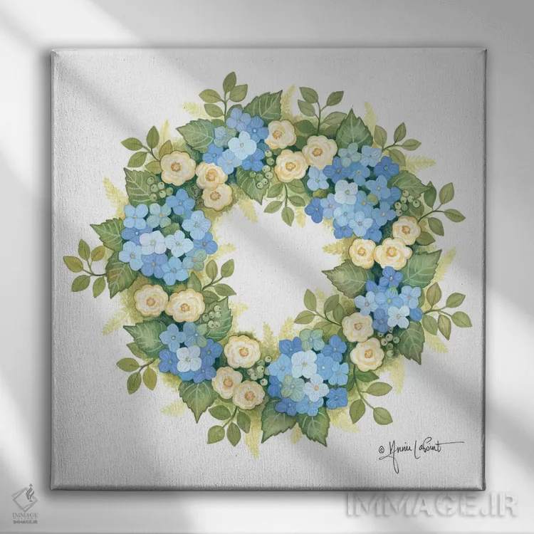 تابلو دکوراتیو حلقه گل ادریسی شکوفا اثر آنی لاپوینت - نمای روبهرو روی دیوار