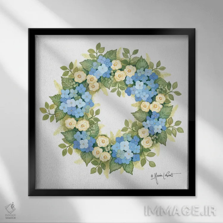 تابلو دکوراتیو حلقه گل ادریسی شکوفا اثر آنی لاپوینت - نمای قابدار مشکی