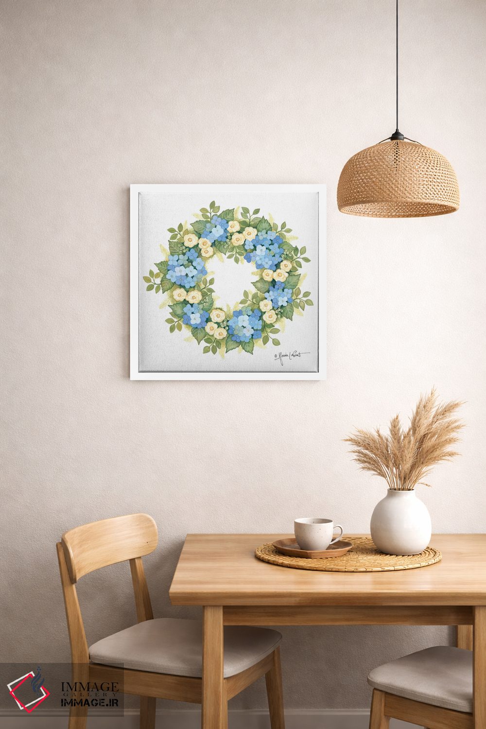 تابلو دکوراتیو حلقه گل ادریسی شکوفا اثر آنی لاپوینت - D1W