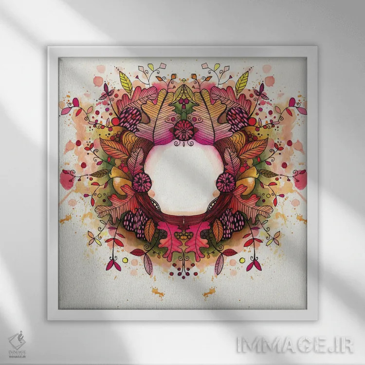 تابلو دکوراتیو حلقه گل پاییزی اثر تامارا لاپورت - نمای قابدار سفید