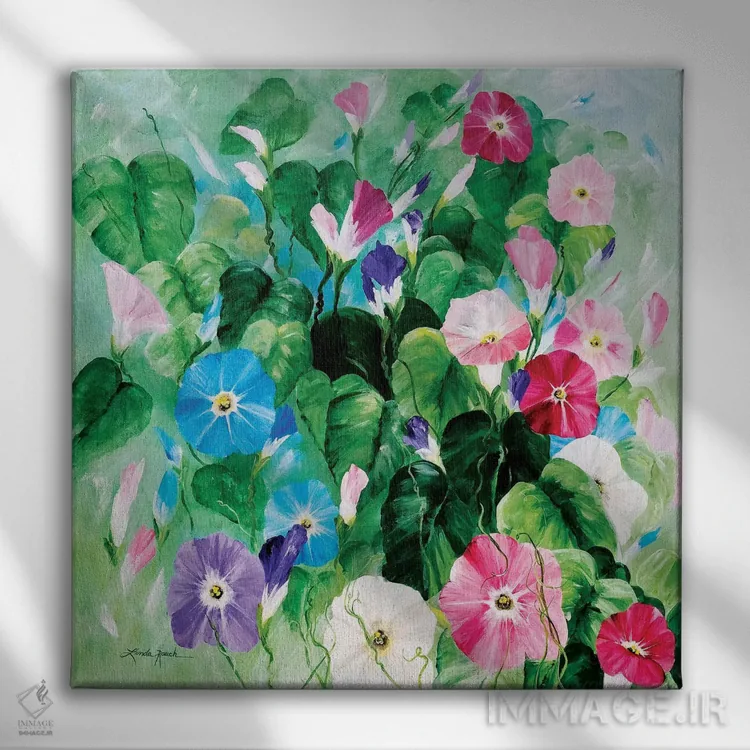 تابلو دکوراتیو دسته گل شکوفه صبحگاهی اثر لیندا راوچ - نمای روبهرو روی دیوار