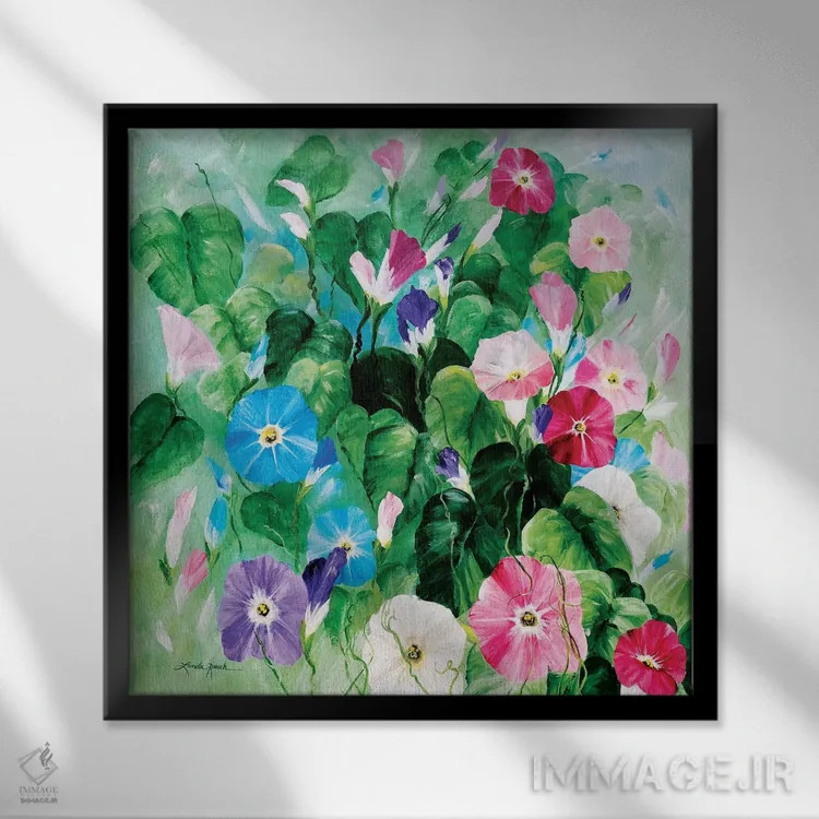 تابلو دکوراتیو دسته گل شکوفه صبحگاهی اثر لیندا راوچ - نمای قابدار مشکی