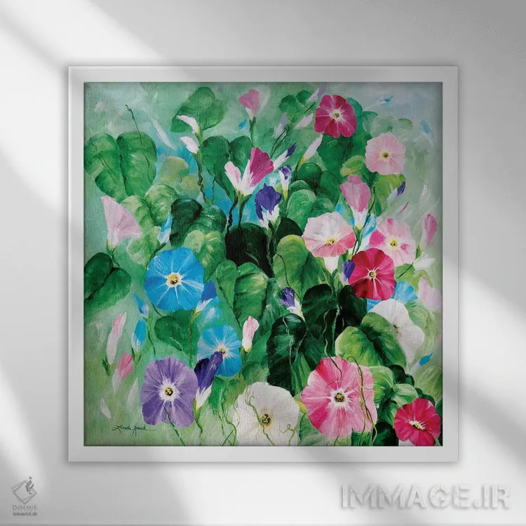 تابلو دکوراتیو دسته گل شکوفه صبحگاهی اثر لیندا راوچ - نمای قابدار سفید