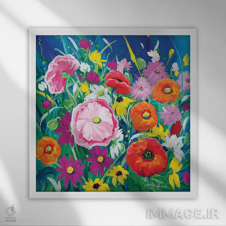 تابلو دکوراتیو سالسا با گل های وحشی اثر لیندا راوچ - نمای قابدار سفید