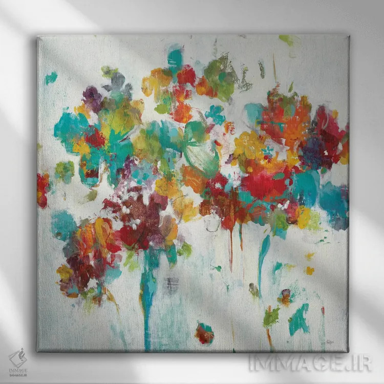 تابلو انتزاعی شکوفه های رنگارنگ اثر لیزا ریجرز - نمای روبهرو روی دیوار