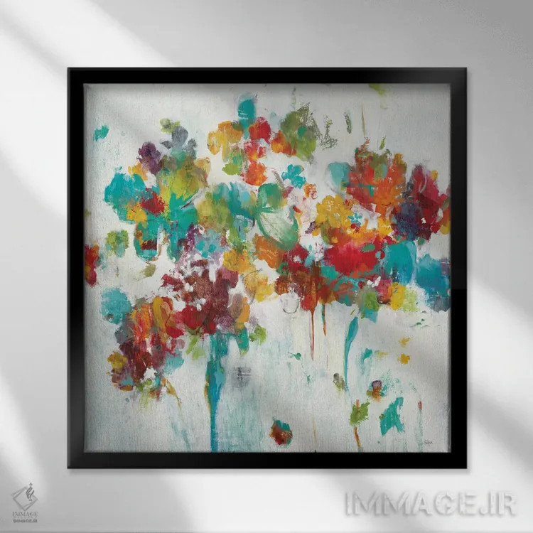 تابلو انتزاعی شکوفه های رنگارنگ اثر لیزا ریجرز - نمای قابدار مشکی