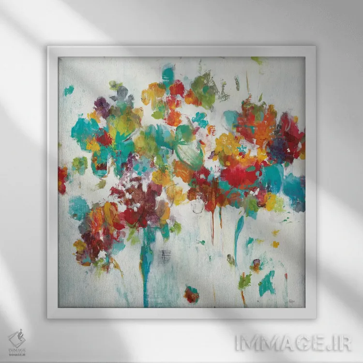 تابلو انتزاعی شکوفه های رنگارنگ اثر لیزا ریجرز - نمای قابدار سفید