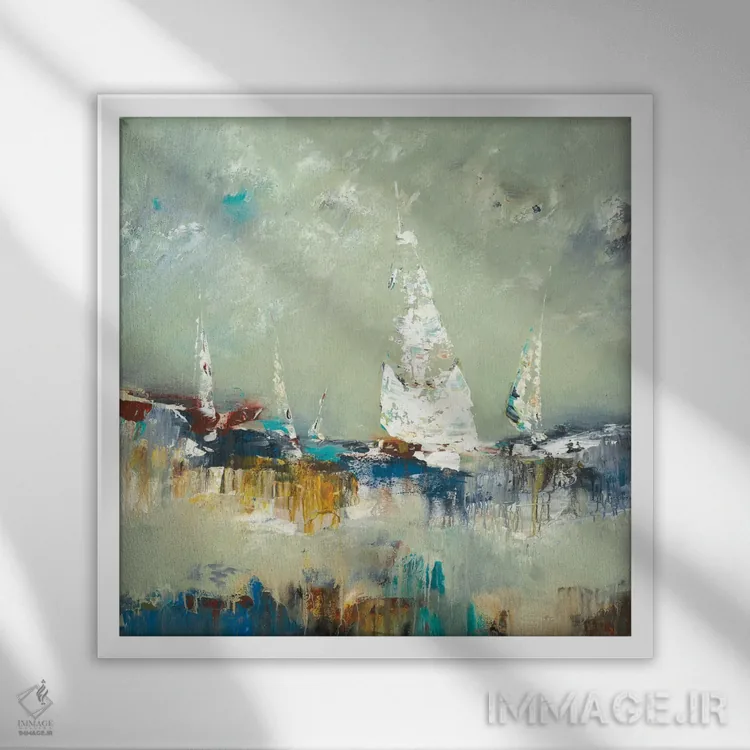 تابلو انتزاعی دور شدن با قایق اثر لیزا ریجرز - نمای قابدار سفید