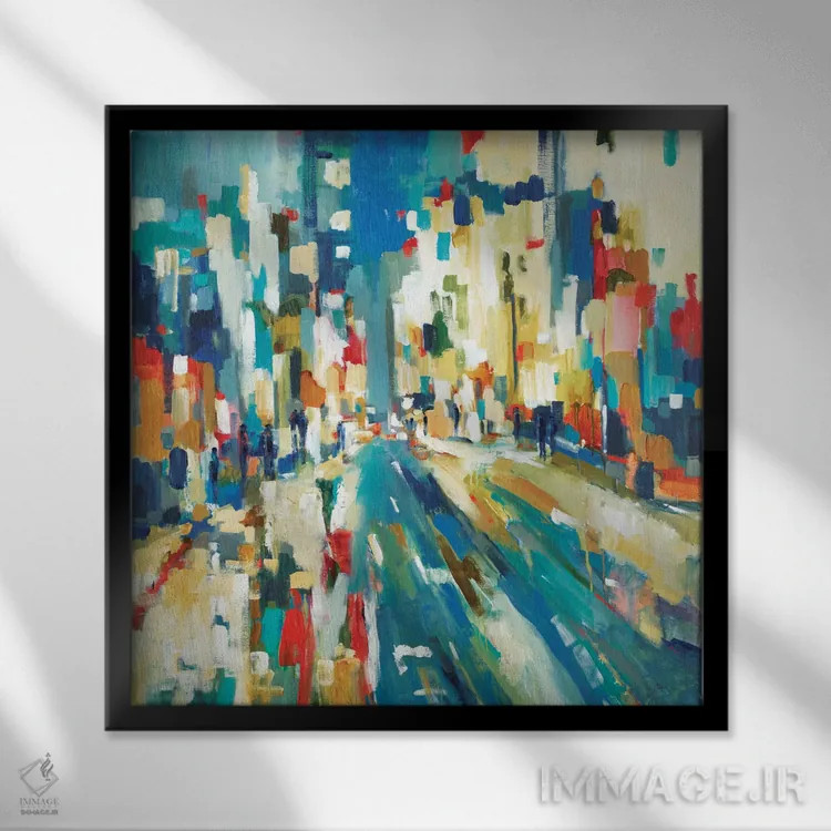 تابلو انتزاعی ضرباهنگ شهری اثر لیزا ریجرز - نمای قابدار مشکی