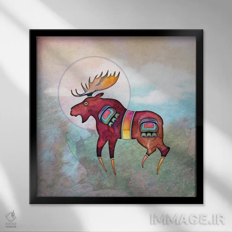 تابلو دکوراتیو گوزن شمالی نقاشی شده اثر لوری پرایندل - نمای قابدار مشکی