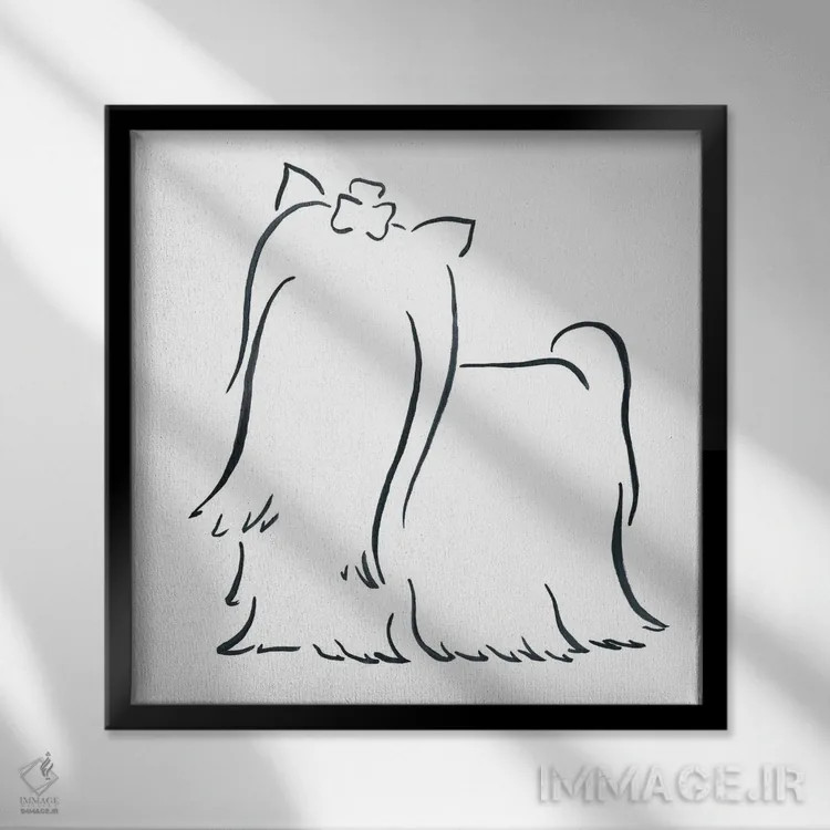 تابلو مینیمال یورکشایر تریر مو بلند اثر لزلی بیشاپ - نمای قابدار مشکی