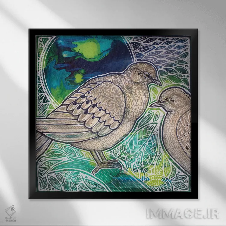 تابلو دکوراتیو دو قمری غمگین اثر لینت شلی - نمای قابدار مشکی