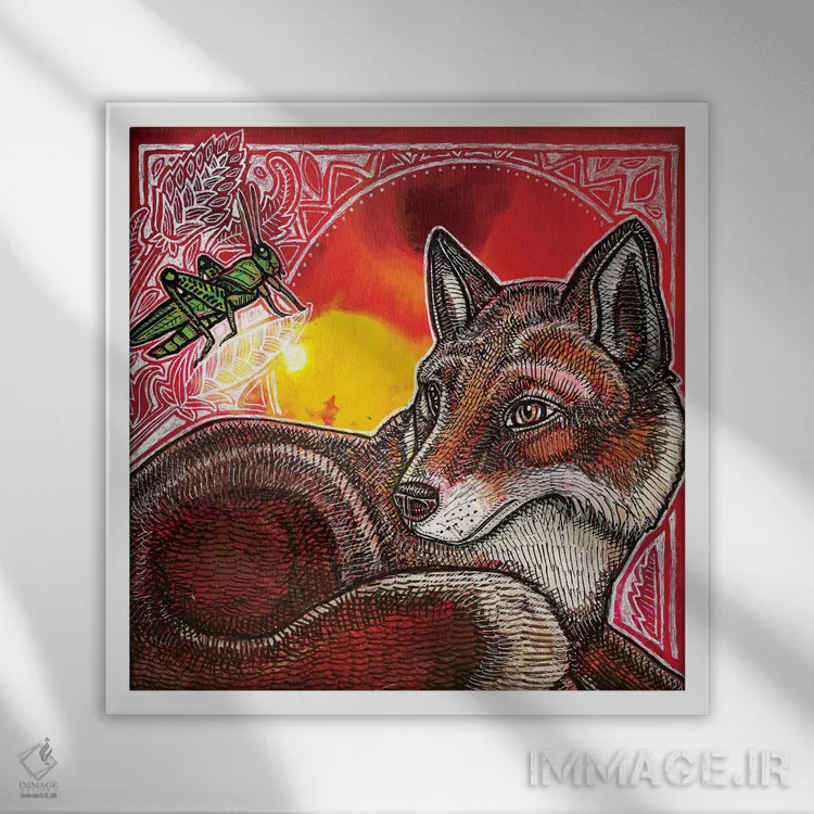 تابلو دکوراتیو روباه و ملخ اثر لینت شلی - نمای قابدار سفید