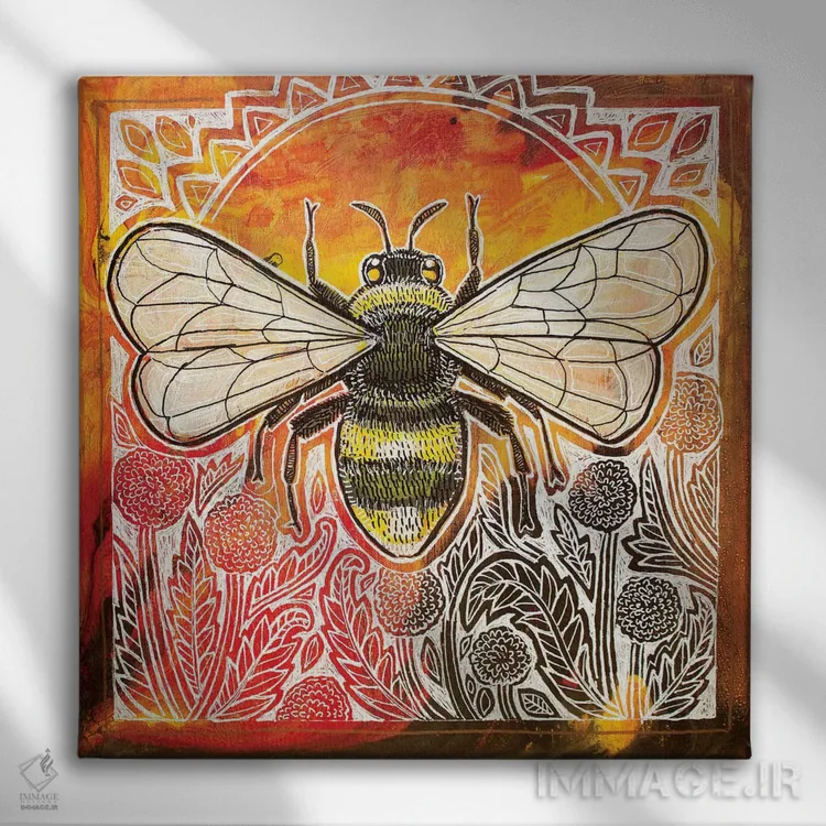 تابلو دکوراتیو زنبور عسل و قاصدک ها اثر لینت شلی - نمای روبهرو روی دیوار