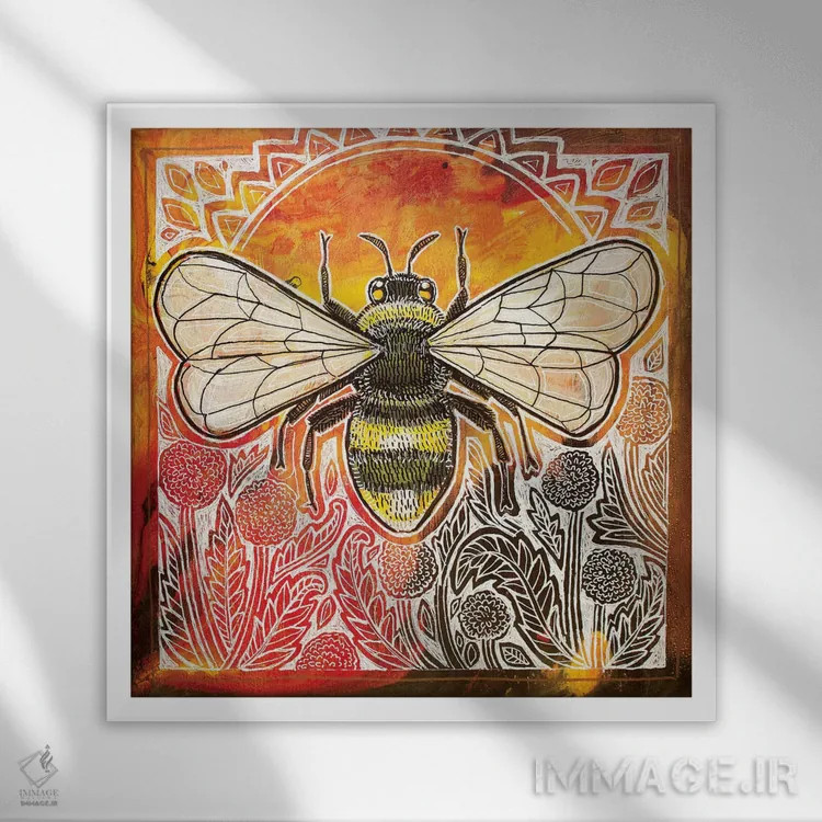 تابلو دکوراتیو زنبور عسل و قاصدک ها اثر لینت شلی - نمای قابدار سفید