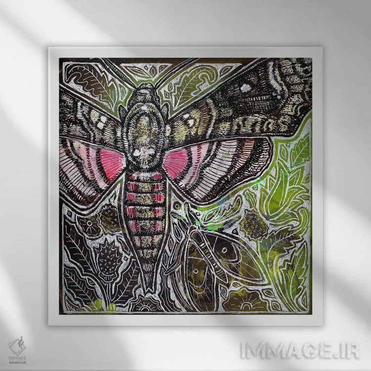 تابلو دکوراتیو شب پره شاهین نقطه صورتی اثر لینت شلی - نمای قابدار سفید