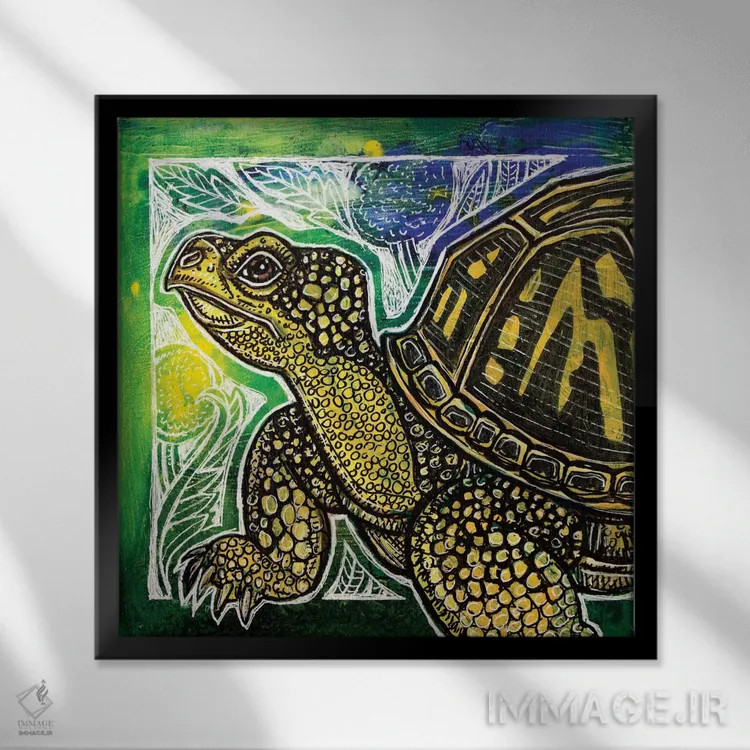 تابلو دکوراتیو لاک پشت بهاری اثر لینت شلی - نمای قابدار مشکی