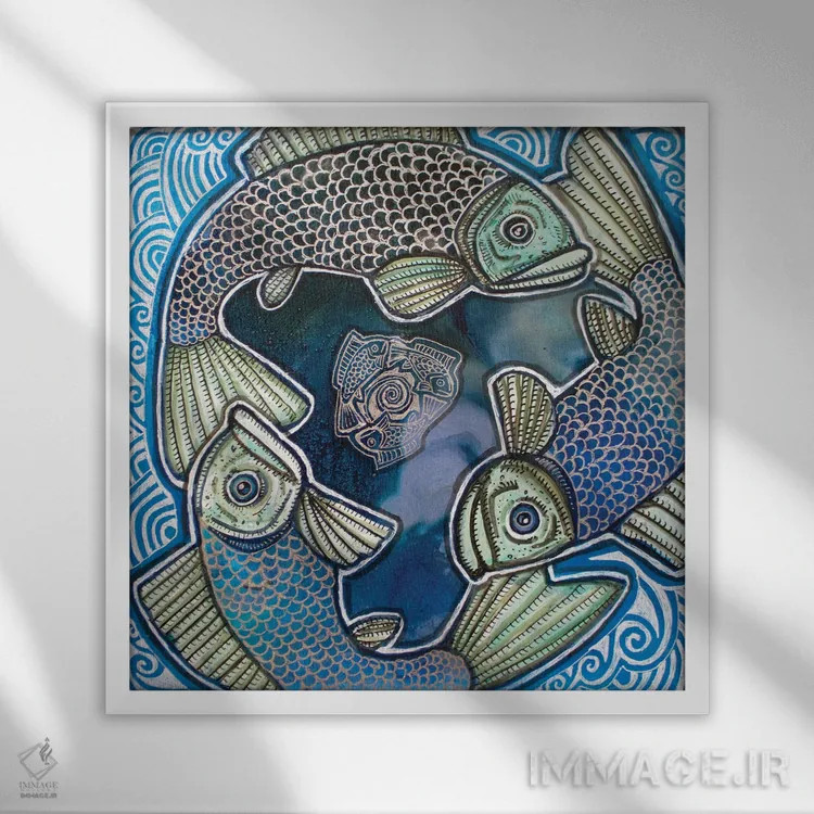 تابلو دکوراتیو چرخش سه ماهی اثر لینت شلی - نمای قابدار سفید