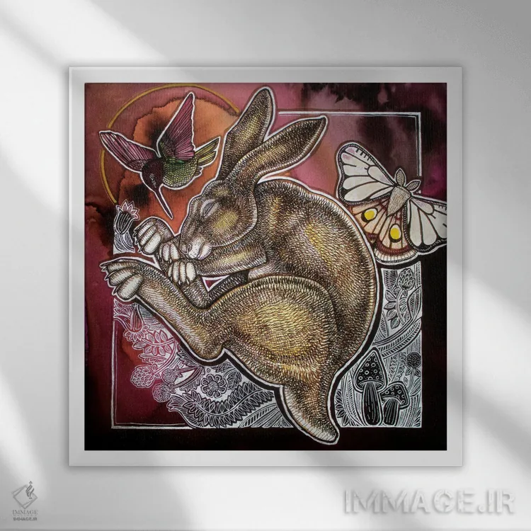 تابلو دکوراتیو خرگوش خواب بین اثر لینت شلی - نمای قابدار سفید