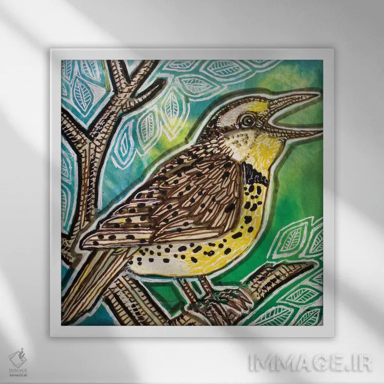 تابلو دکوراتیو آواز مرغ علفزار اثر لینت شلی - نمای قابدار سفید