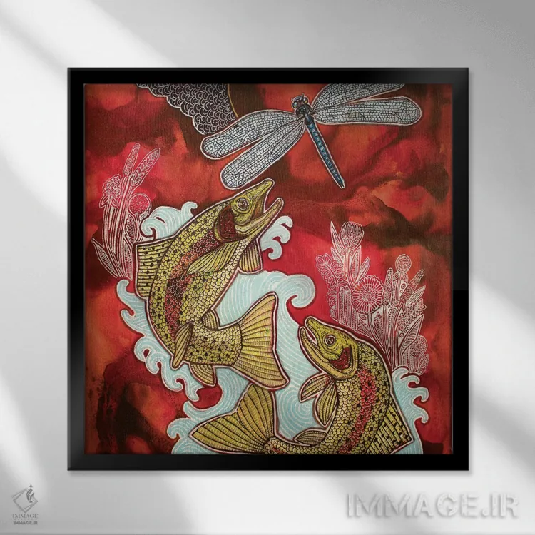 تابلو دکوراتیو آسمان سرخ، قزل آلای جهنده اثر لینت شلی - نمای قابدار مشکی