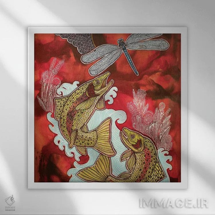 تابلو دکوراتیو آسمان سرخ، قزل آلای جهنده اثر لینت شلی - نمای قابدار سفید