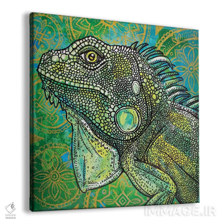 تابلو دکوراتیو ایگوانا روی سبز و طلایی اثر لینت شلی - نمای پرسپکتیو محصول