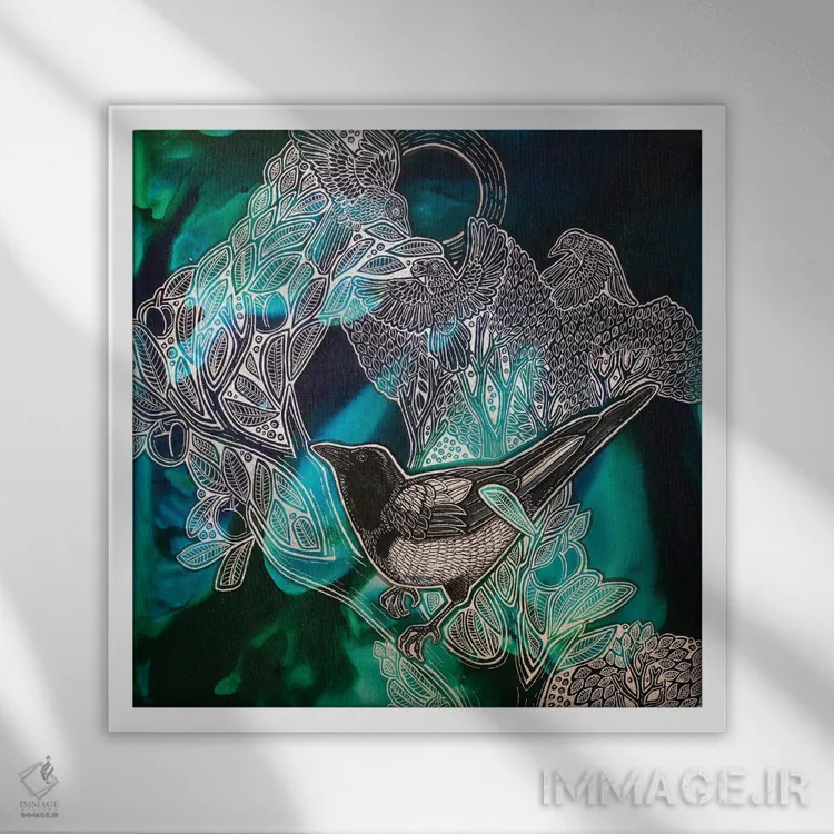 تابلو دکوراتیو دسته ای از زاغی ها اثر لینت شلی - نمای قابدار سفید