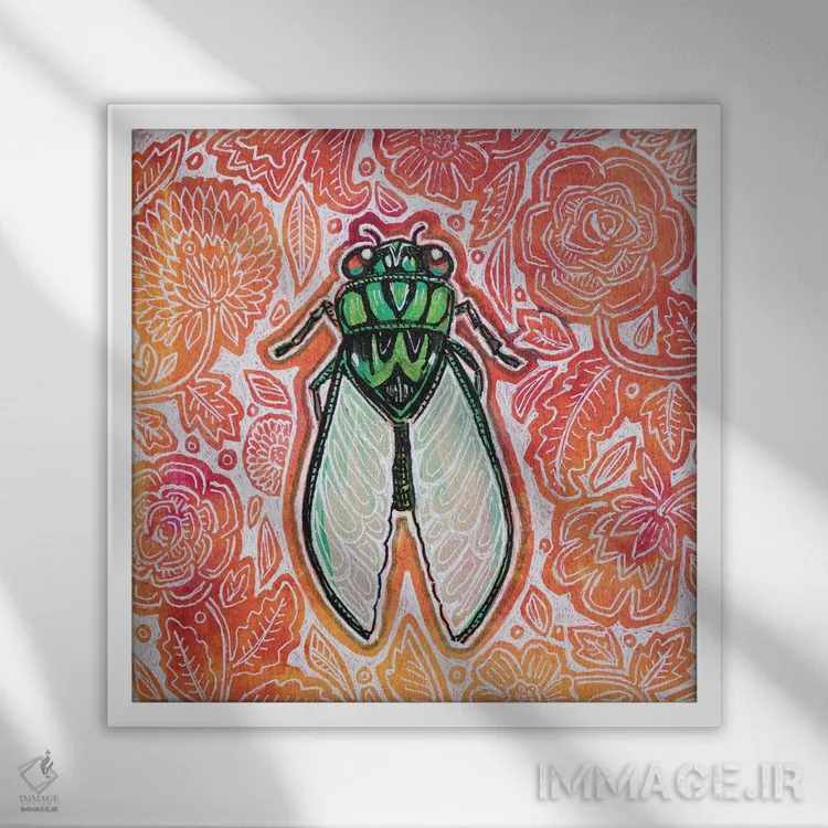 تابلو دکوراتیو زنجره با گل های نارنجی اثر لینت شلی - نمای قابدار سفید