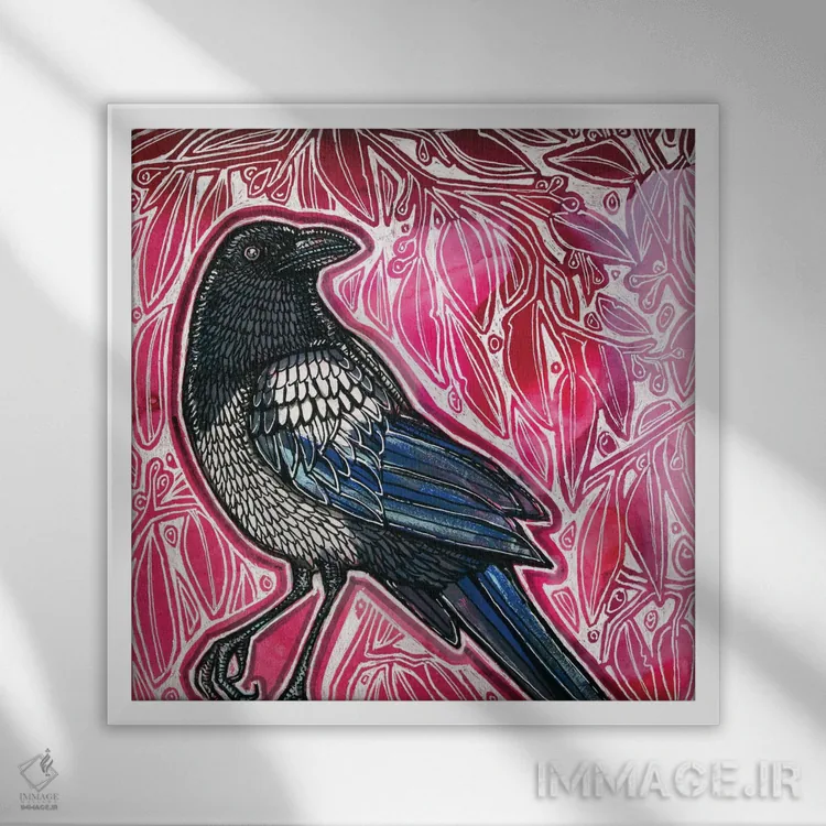 تابلو دکوراتیو زاغی کنجکاو اثر لینت شلی - نمای قابدار سفید