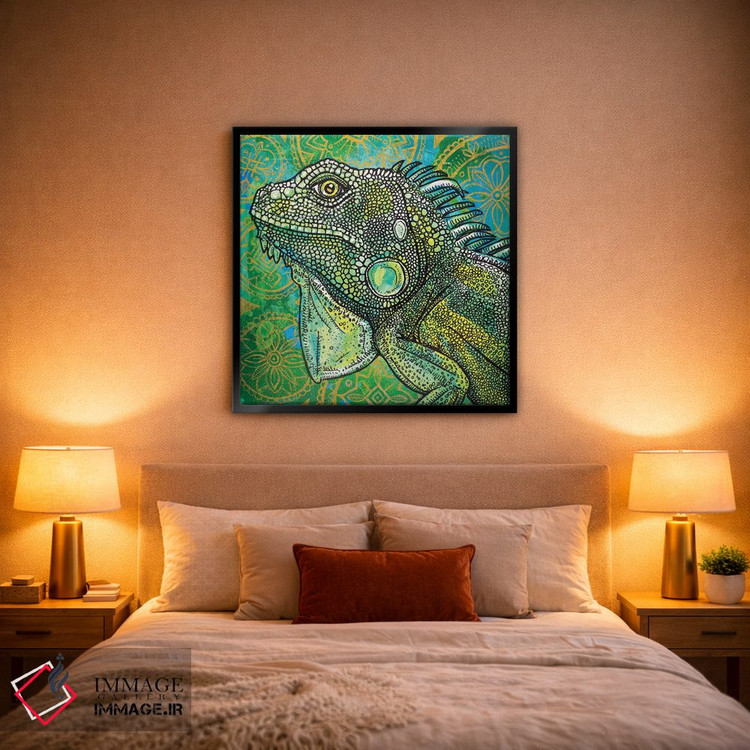 تابلو دکوراتیو ایگوانا روی سبز و طلایی اثر لینت شلی - D1B