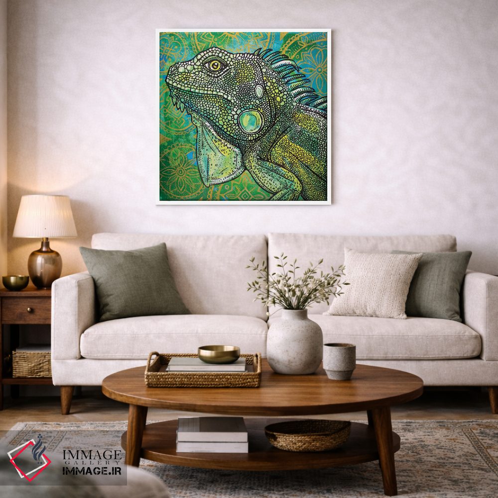 تابلو دکوراتیو ایگوانا روی سبز و طلایی اثر لینت شلی - D2W