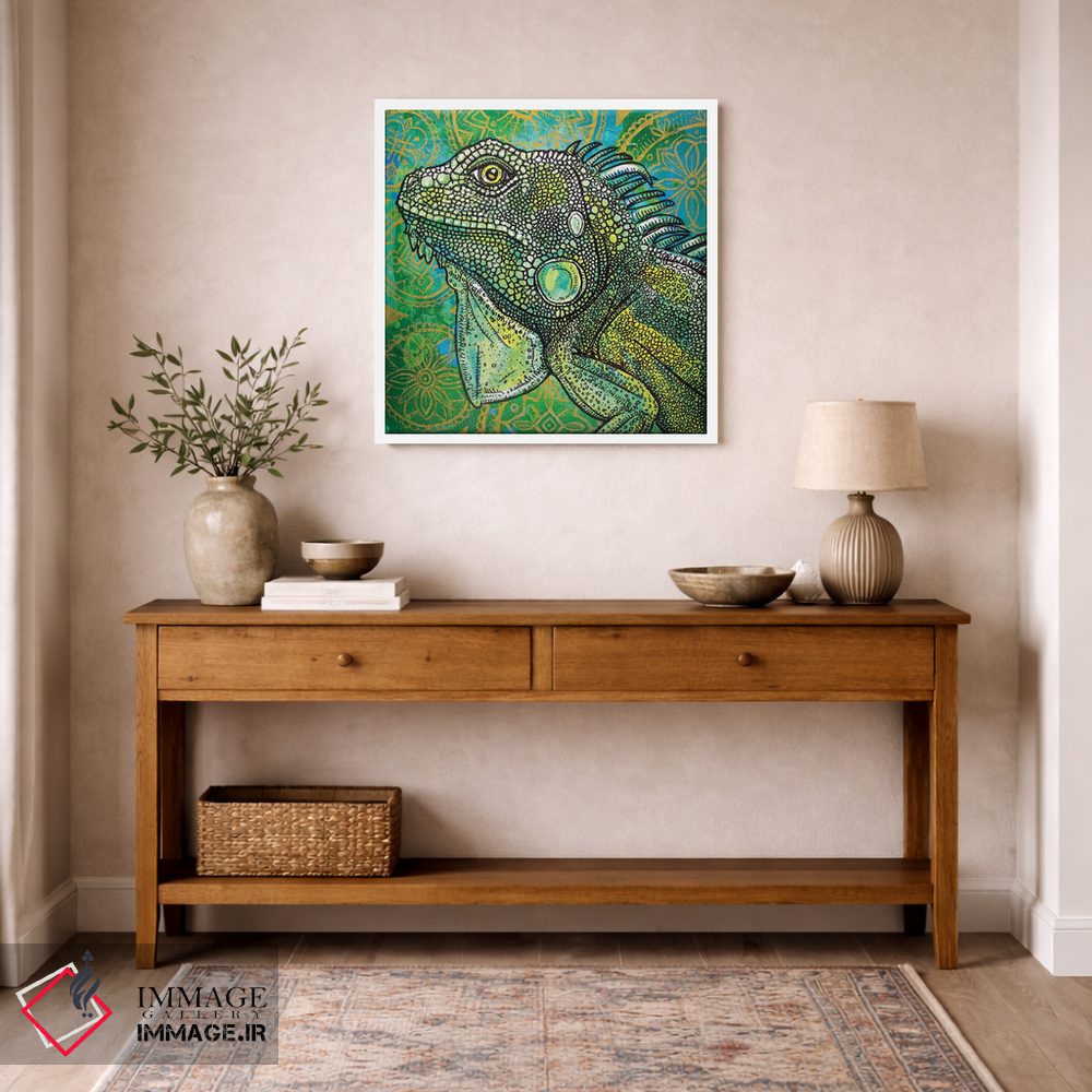 تابلو دکوراتیو ایگوانا روی سبز و طلایی اثر لینت شلی - D4W