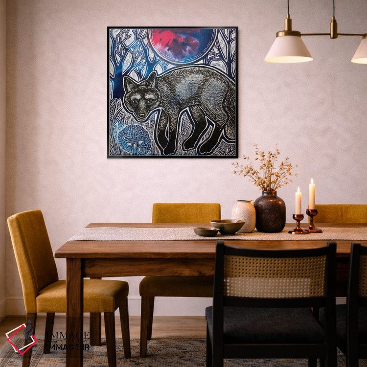 تابلو دکوراتیو روباه نقره ای و ماه آبی اثر لینت شلی - D6B