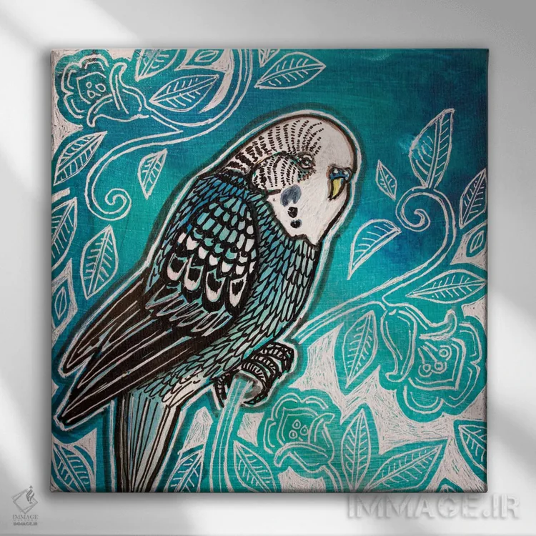 تابلو دکوراتیو یک طوطی سبزآبی اثر لینت شلی - نمای روبهرو روی دیوار