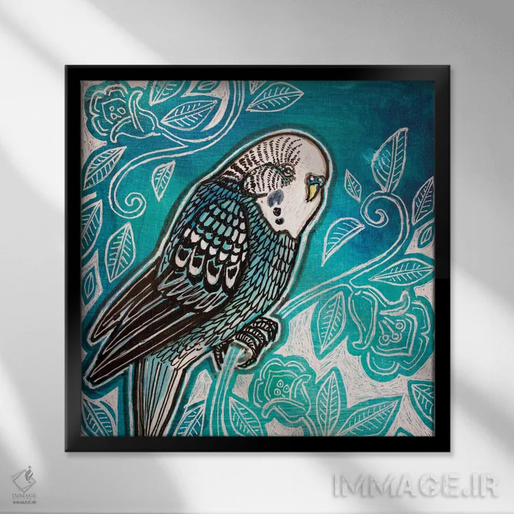 تابلو دکوراتیو یک طوطی سبزآبی اثر لینت شلی - نمای قابدار مشکی