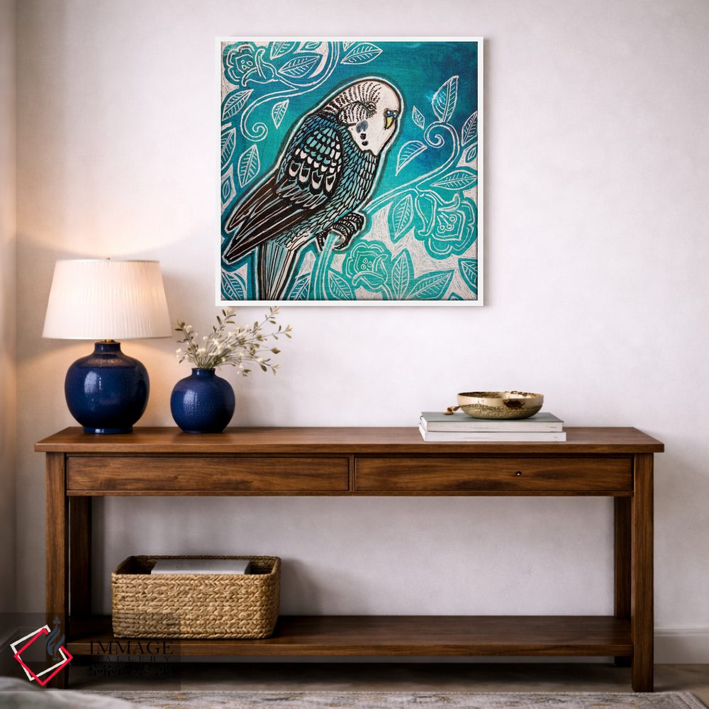 تابلو دکوراتیو یک طوطی سبزآبی اثر لینت شلی - D3W