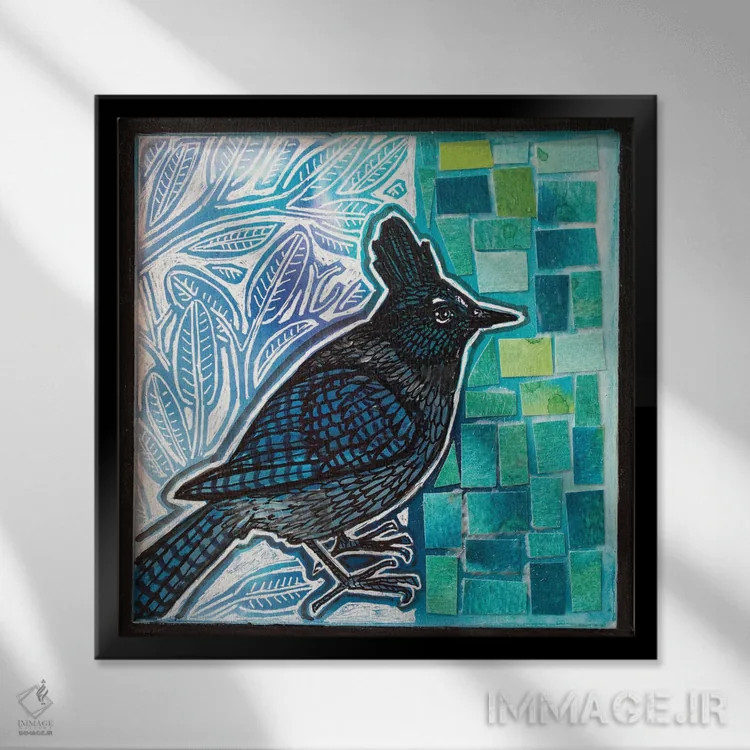 تابلو دکوراتیو زاغ کبود استلر اثر لینت شلی - نمای قابدار مشکی