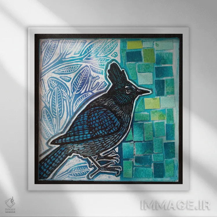 تابلو دکوراتیو زاغ کبود استلر اثر لینت شلی - نمای قابدار سفید