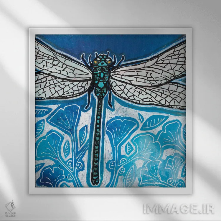 تابلو دکوراتیو آبی های سنجاقک اثر لینت شلی - نمای قابدار سفید