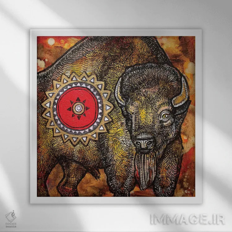 تابلو دکوراتیو گاومیش آمریکایی اثر لینت شلی - نمای قابدار سفید