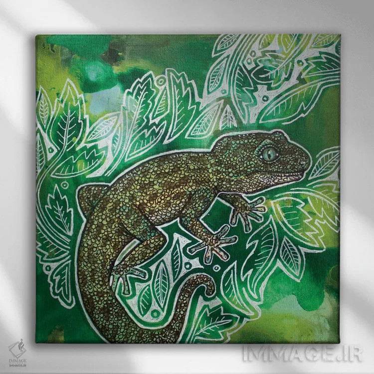 تابلو دکوراتیو مارمولک روی سبزه ۲ اثر لینت شلی - نمای روبهرو روی دیوار