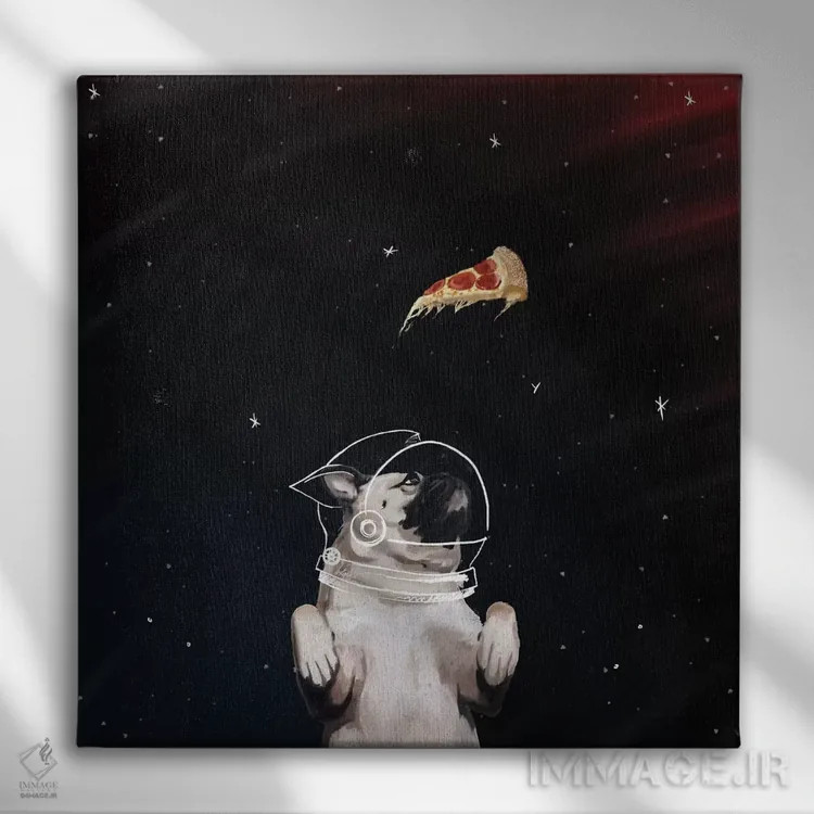 تابلو دکوراتیو پاگ و پیتزا در فضا اثر لاستاناو - نمای روبهرو روی دیوار