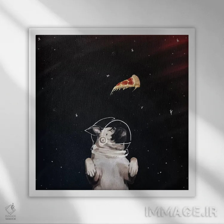 تابلو دکوراتیو پاگ و پیتزا در فضا اثر لاستاناو - نمای قابدار سفید